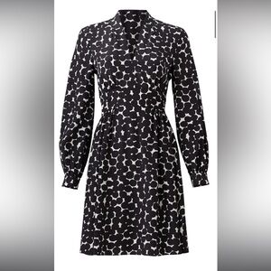 Kate Spade Dots Silk Flared V-Neck Long Sleeve Dress, size 2, Black and white